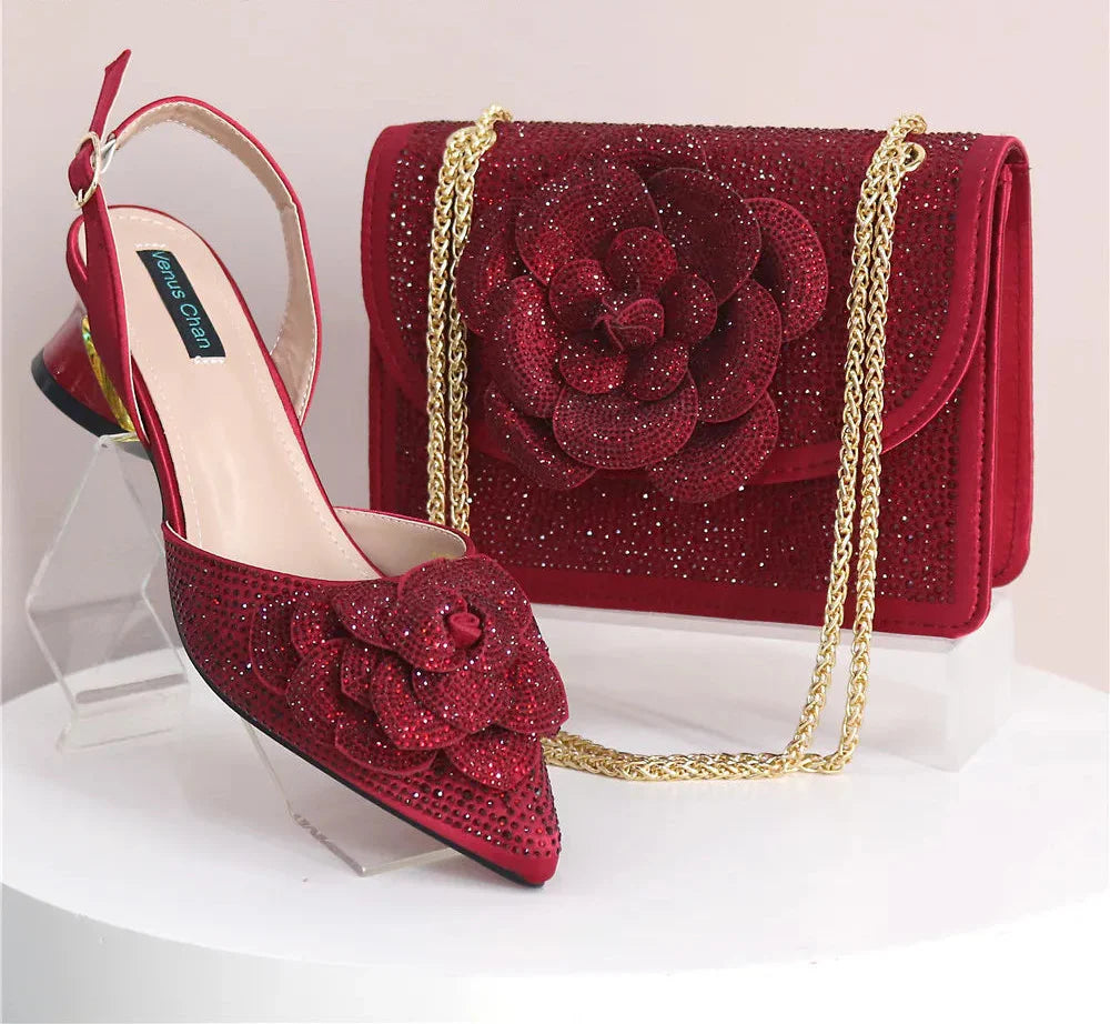 Elegant Lady Shoes And Bag Set with Rhinestone Pearls-knot