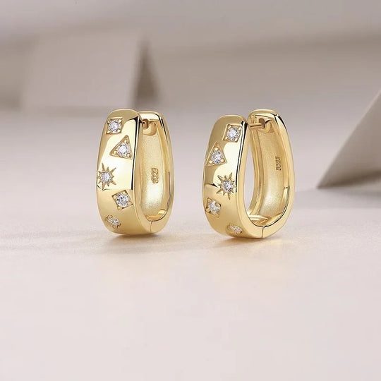 18K Gold Plated 925 Silver Hoop Earrings With Star Triangle Moissanite Accents