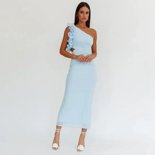 Articat Elegant Sleeveless Slant Shoulder Flower Dress Women Spring/Summer 2025 Sexy Mesh Wrap Hip Dress Party Evening Dress