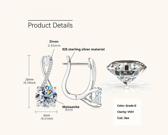 2 Ct Moissanite Clip-On Earrings 925 Sterling Silver Interlaced Studs Gift