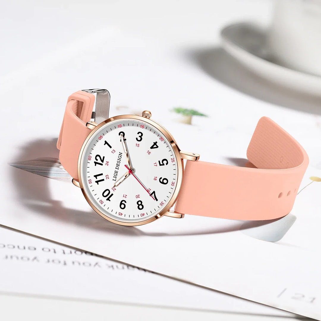 Women's Pink Silicone Watch Large Dial Rose Gold Minimal