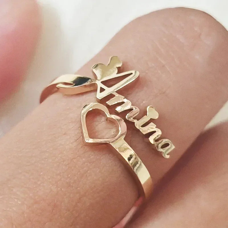 Custom Hollow Love Name Ring Personalized 18K Stainless Steel Opening Adjustable Ring Jewelry Birthday Party Gift Wholesale