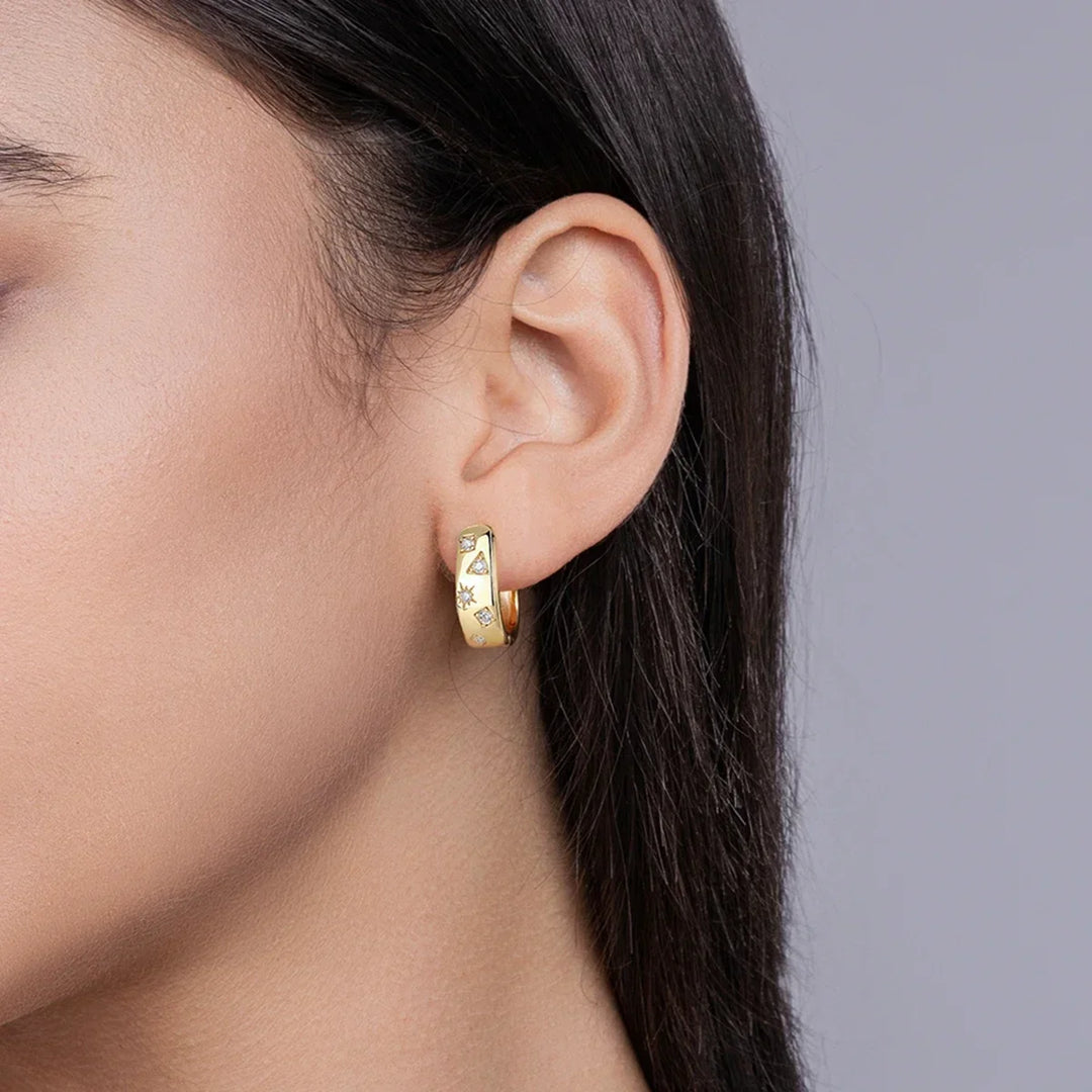 18K Gold Plated 925 Silver Hoop Earrings With Star Triangle Moissanite Accents