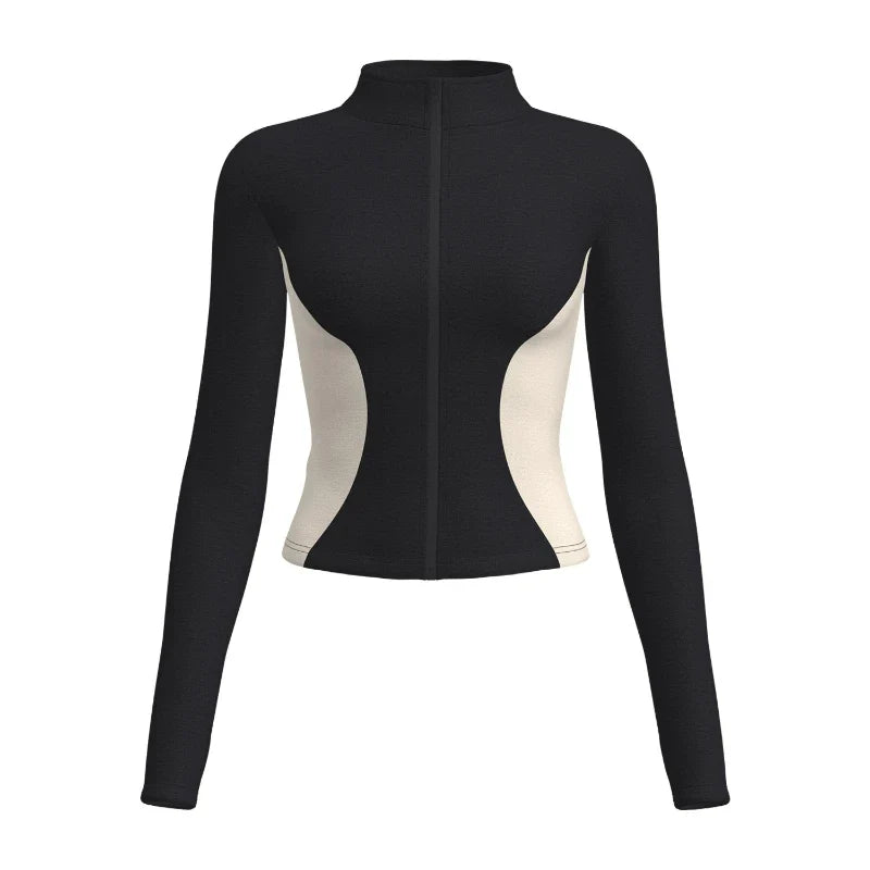 Women's Stand Collar Color Block Fitness Cardigan Trendy