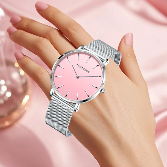 Women's Pink Dial Mesh Band Slim Stainless Steel Watch