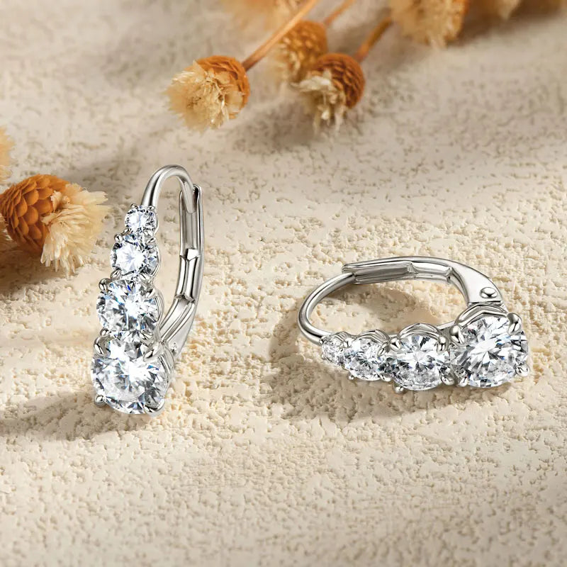 4-Stone Drop Hoop Earrings 925 Sterling Silver Moissanite D VVS1 Clip