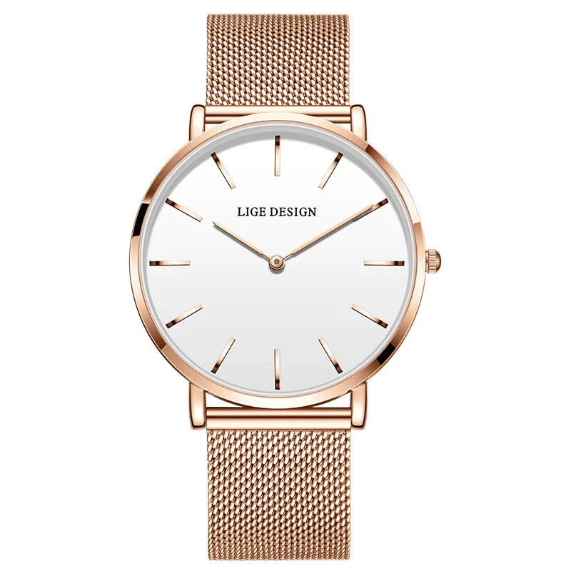 Women's Pink Dial Mesh Band Slim Stainless Steel Watch