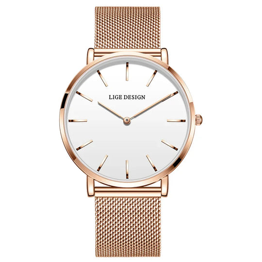 Women's Pink Dial Mesh Band Slim Stainless Steel Watch