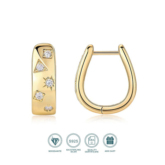 18K Gold Plated 925 Silver Hoop Earrings With Star Triangle Moissanite Accents