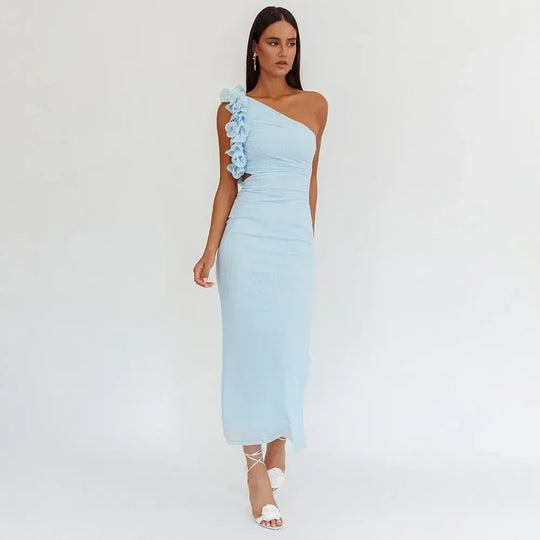 Articat Elegant Sleeveless Slant Shoulder Flower Dress Women Spring/Summer 2025 Sexy Mesh Wrap Hip Dress Party Evening Dress