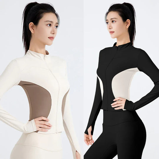 Women's Stand Collar Color Block Fitness Cardigan Trendy