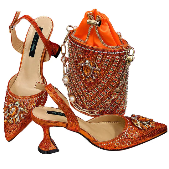 Women Shoes and Bag Set With Rhinestone Handbag