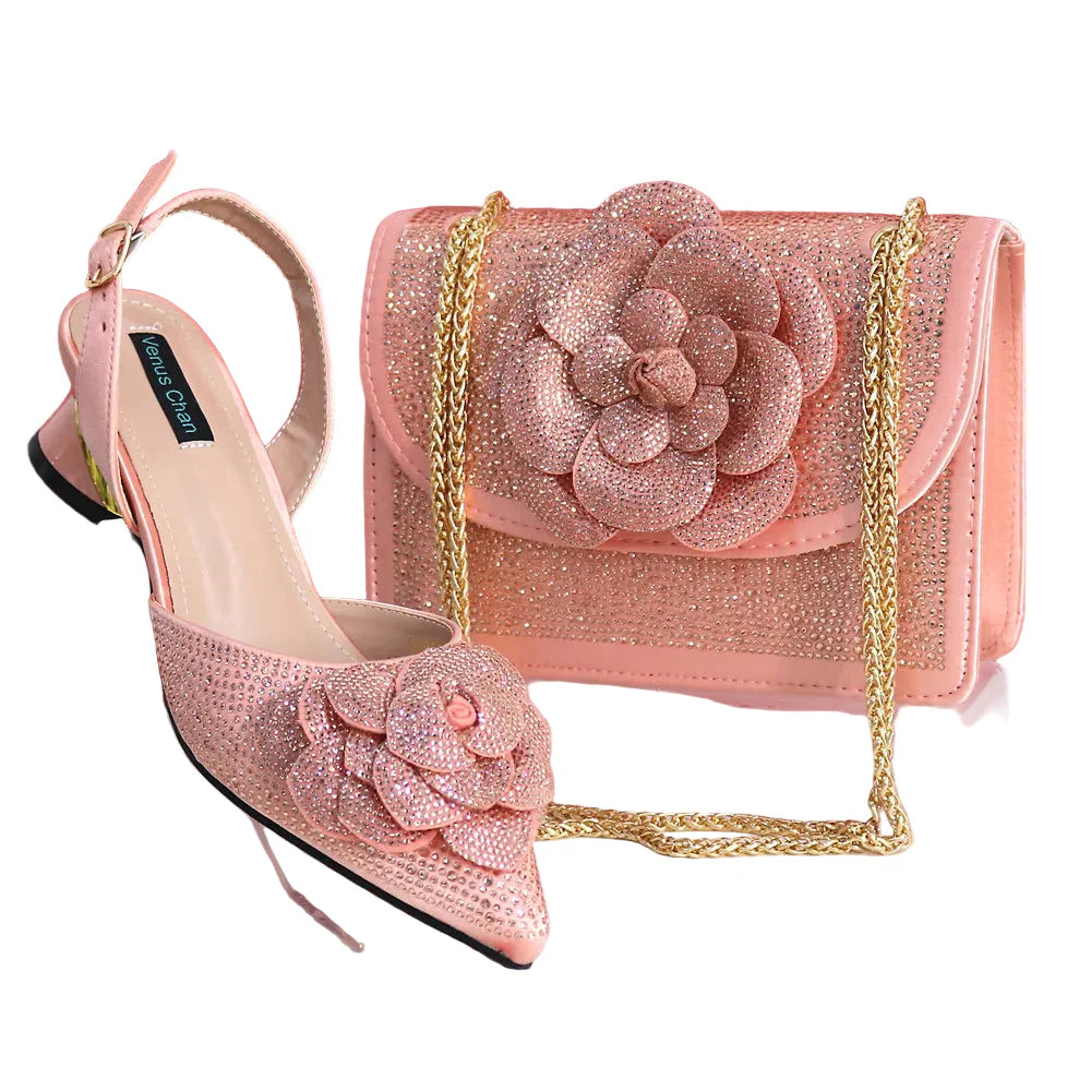Elegant Lady Shoes And Bag Set with Rhinestone Pearls-knot