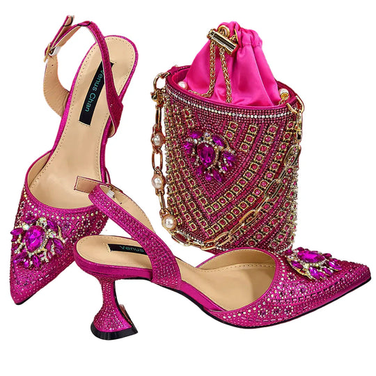 Women Shoes and Bag Set With Rhinestone Handbag