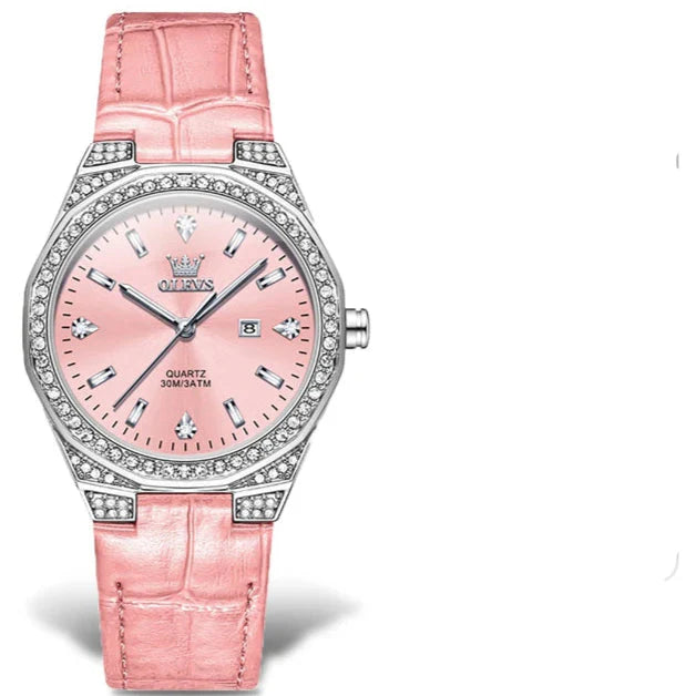 Women's Crystal Bezel White Leather Strap Watch Quartz Date