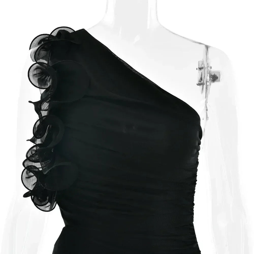 Articat Elegant Sleeveless Slant Shoulder Flower Dress Women Spring/Summer 2025 Sexy Mesh Wrap Hip Dress Party Evening Dress