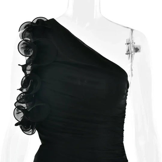 Articat Elegant Sleeveless Slant Shoulder Flower Dress Women Spring/Summer 2025 Sexy Mesh Wrap Hip Dress Party Evening Dress