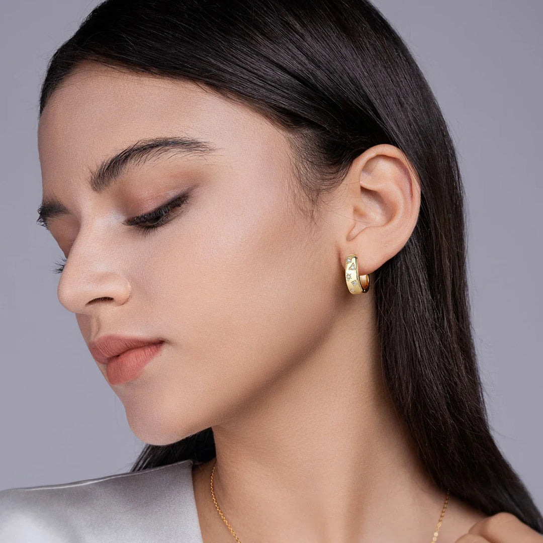 18K Gold Plated 925 Silver Hoop Earrings With Star Triangle Moissanite Accents