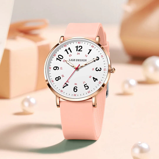 Women's Pink Silicone Watch Large Dial Rose Gold Minimal