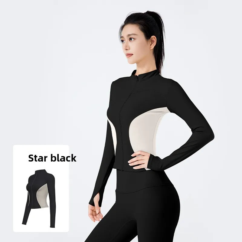 Women's Stand Collar Color Block Fitness Cardigan Trendy