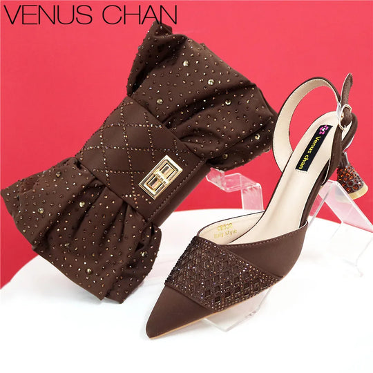 Latest Women Italian Shoes and Matching Bags Decorated with Rhinestone