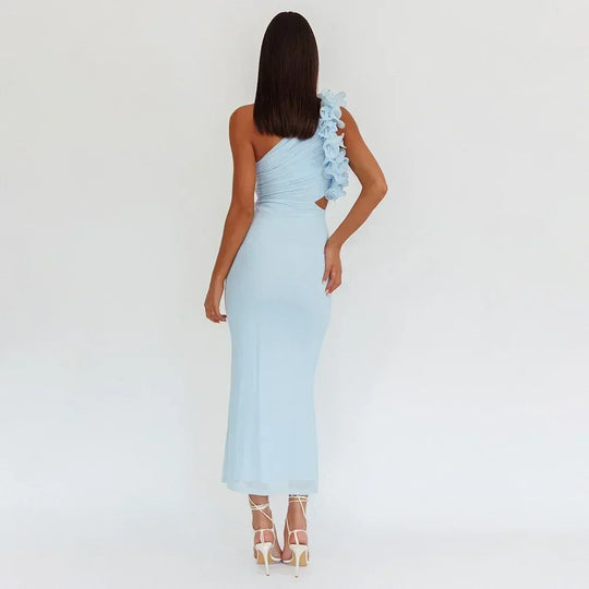 Articat Elegant Sleeveless Slant Shoulder Flower Dress Women Spring/Summer 2025 Sexy Mesh Wrap Hip Dress Party Evening Dress