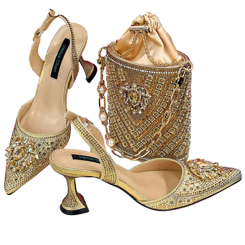 Women Shoes and Bag Set With Rhinestone Handbag
