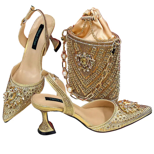 Women Shoes and Bag Set With Rhinestone Handbag