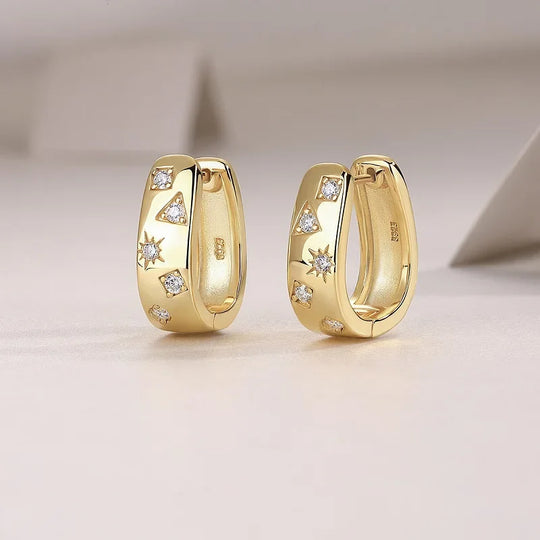 18K Gold Plated 925 Silver Hoop Earrings With Star Triangle Moissanite Accents