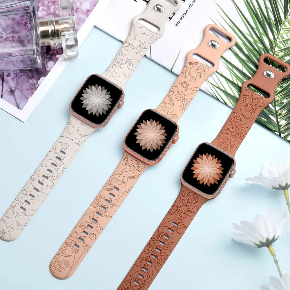 Apple Watch Silicone Strap - Floral Engraved, Soft and Waterproof