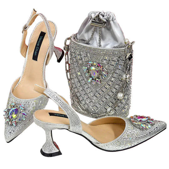 Women Shoes and Bag Set With Rhinestone Handbag
