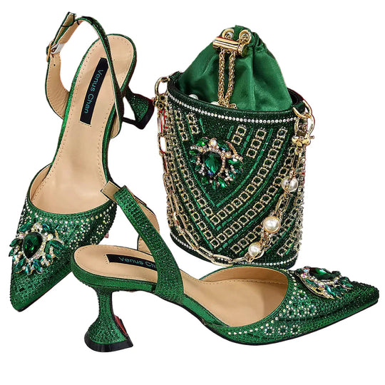 Women Shoes and Bag Set With Rhinestone Handbag