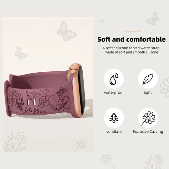 Apple Watch Silicone Strap - Floral Engraved, Soft and Waterproof