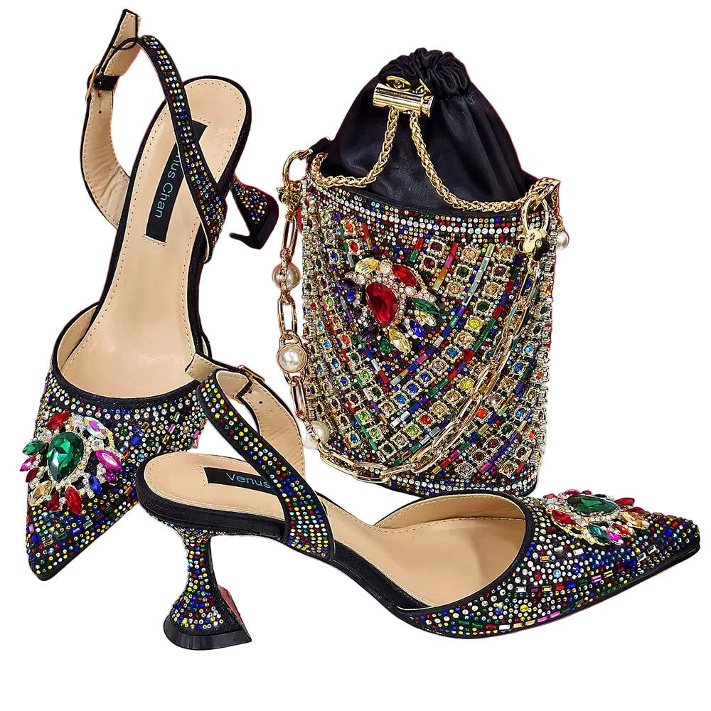 Women Shoes and Bag Set With Rhinestone Handbag