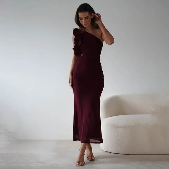 Articat Elegant Sleeveless Slant Shoulder Flower Dress Women Spring/Summer 2025 Sexy Mesh Wrap Hip Dress Party Evening Dress