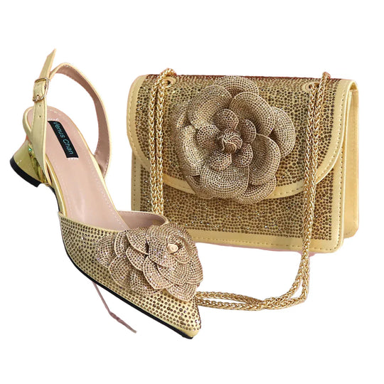Elegant Lady Shoes And Bag Set with Rhinestone Pearls-knot