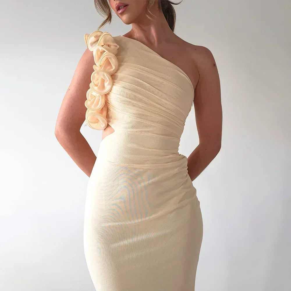 Articat Elegant Sleeveless Slant Shoulder Flower Dress Women Spring/Summer 2025 Sexy Mesh Wrap Hip Dress Party Evening Dress