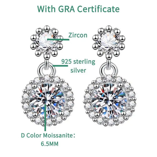 1CT 2Pcs D-Color Moissanite Drop Earrings 925 Sterling Silver With Certificate