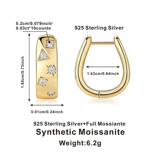 18K Gold Plated 925 Silver Hoop Earrings With Star Triangle Moissanite Accents