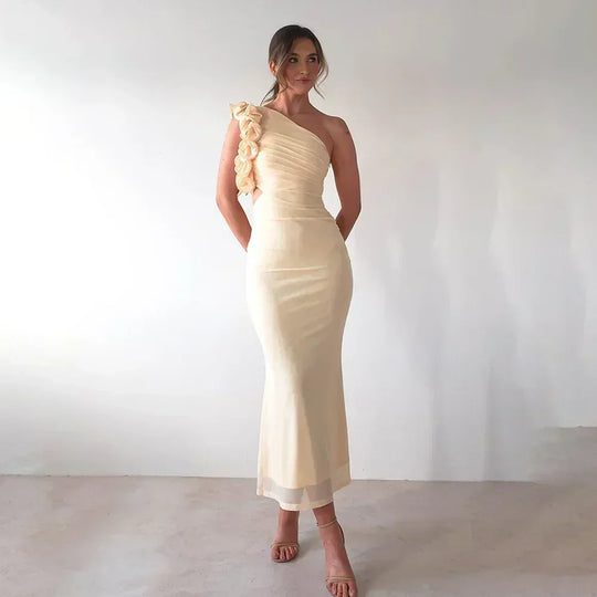 Articat Elegant Sleeveless Slant Shoulder Flower Dress Women Spring/Summer 2025 Sexy Mesh Wrap Hip Dress Party Evening Dress