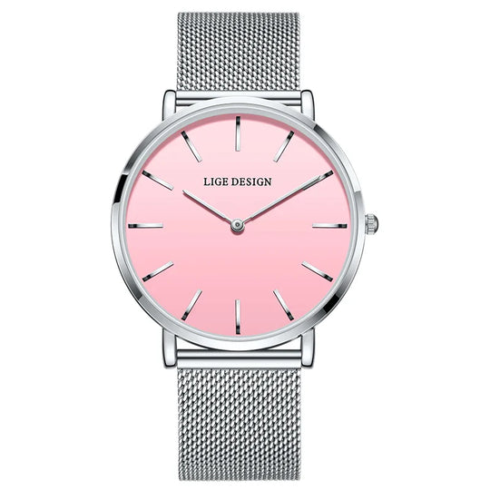 Women's Pink Dial Mesh Band Slim Stainless Steel Watch