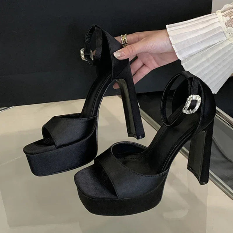 Liyke Runway Style Black High Heels Platform Sandals For Women Cozy Silk Square Toe Buckle Strap Lady Party Dress Shoes Size 40