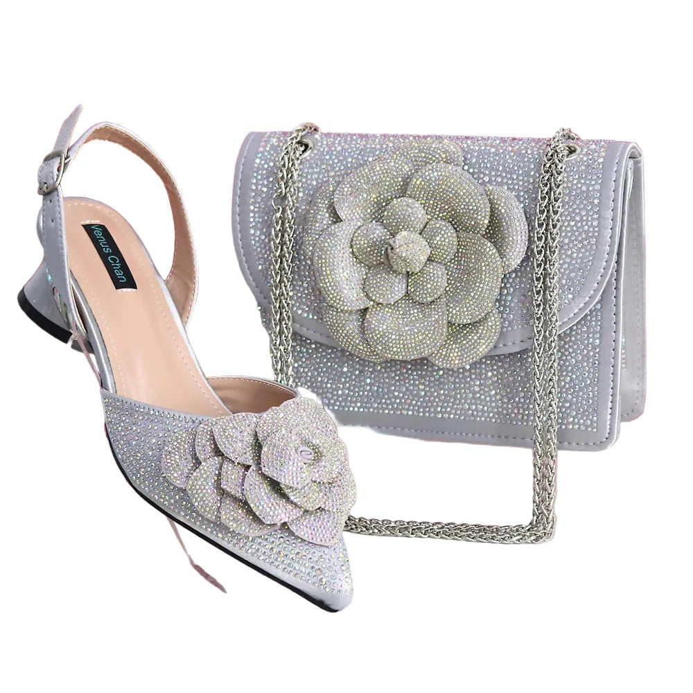 Elegant Lady Shoes And Bag Set with Rhinestone Pearls-knot