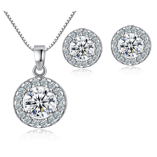 White Gold Cubic Zirconia Necklace Set with Cubic Zirconia Halo Earring Settings by Hollywood Sensation®