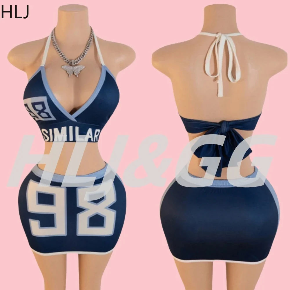 HLJ Blue Sexy Y2K Letter Printing Mini Skirts Two Piece Sets Women Halter V Neck Bangage Slim Crop Top And Skirts Outfits 2025