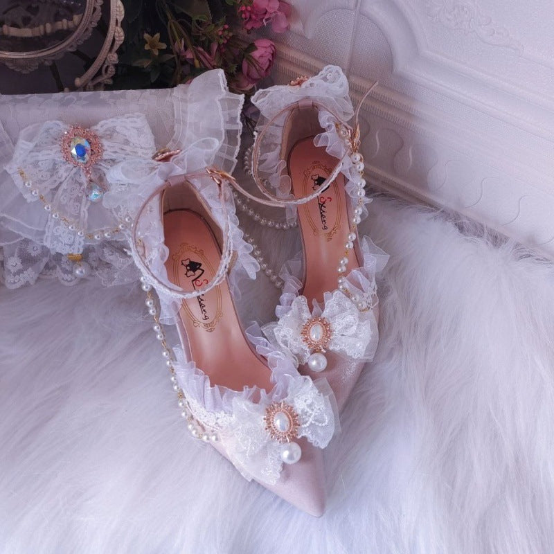 Embroidered Lolita Style Pointed Toe Wedding High Heels Europe And America