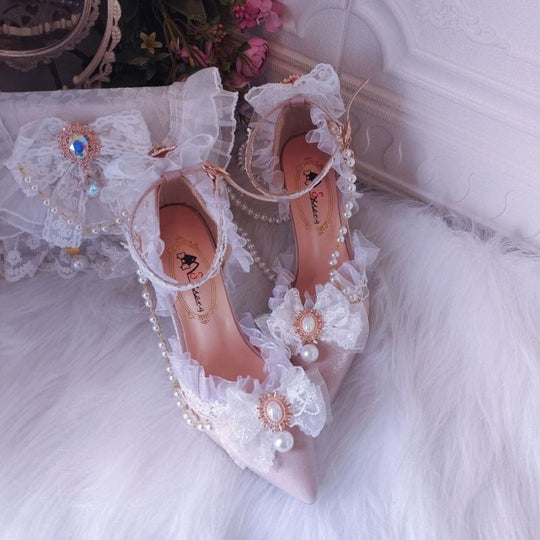 Embroidered Lolita Style Pointed Toe Wedding High Heels Europe And America