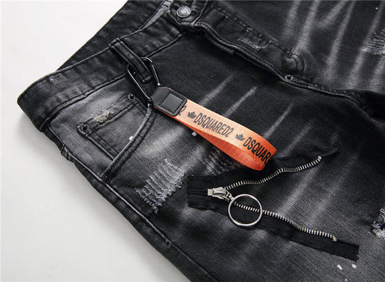 Men's Denim Zipper Blue Hole Pencil Pants