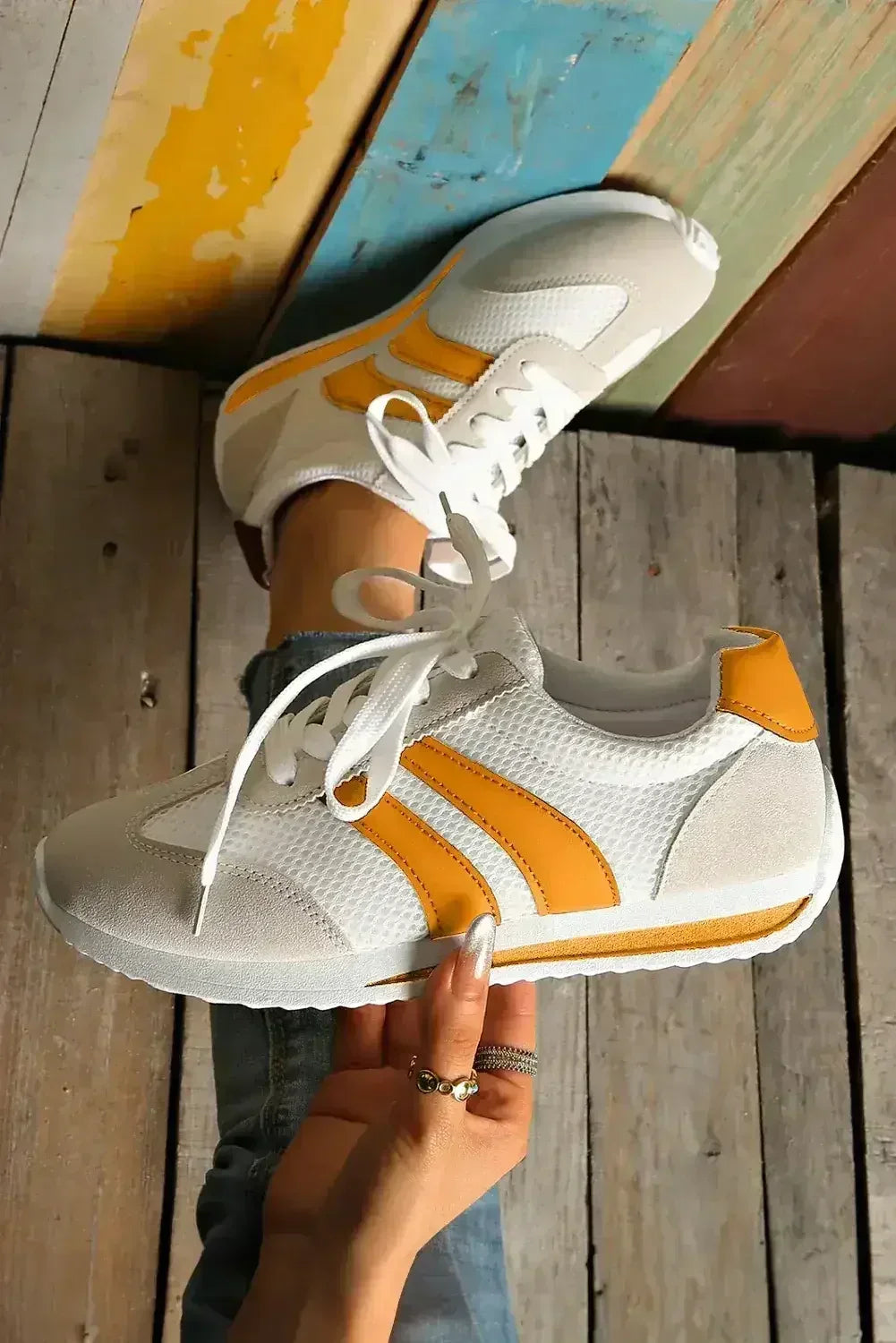 Yellow Patchwork Sneakers - Microfiber Breathable Shoes - Wholesale Comfort