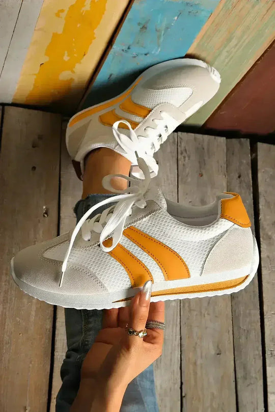 Yellow Patchwork Sneakers - Microfiber Breathable Shoes - Wholesale Comfort